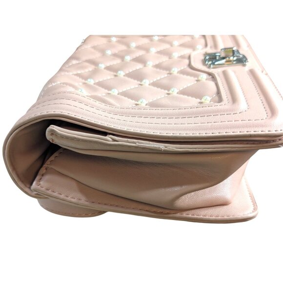 Badgley Mischka Pink Quilted Shoulder Bag With Pearls & Chain Strap - Picture 6 of 9